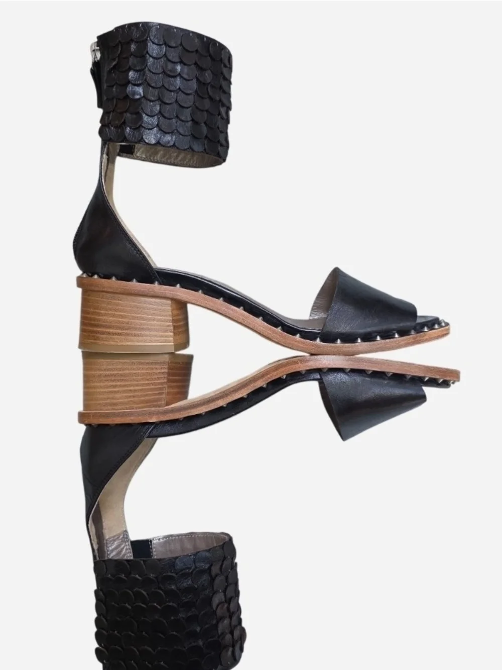AGL Italian Black Leather Studded Block Heel Sandals, Scalloped Ankle Cuff 39/9